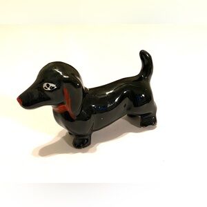 Vintage Glazed Ceramic Dachshund/ Weiner Dog, Black Dog with Red Collar